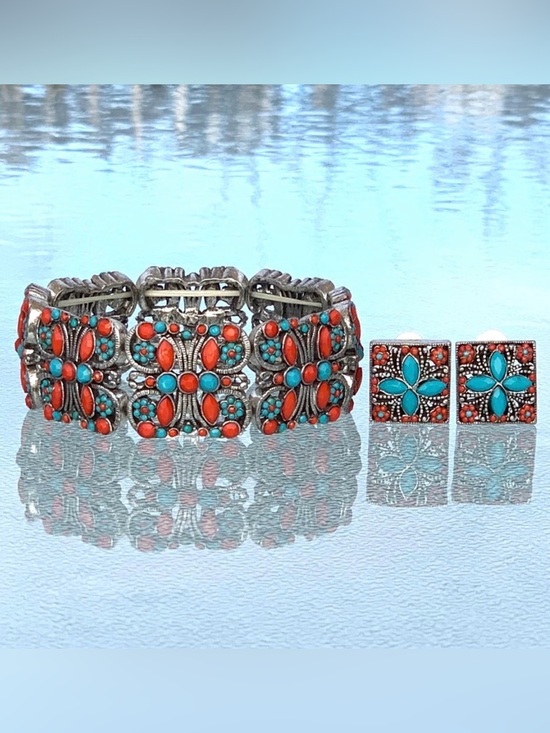 Jewelry - Southwestern Faux Coral & Faux Turquoise Stretch Bracelet and Clip-On Earrings